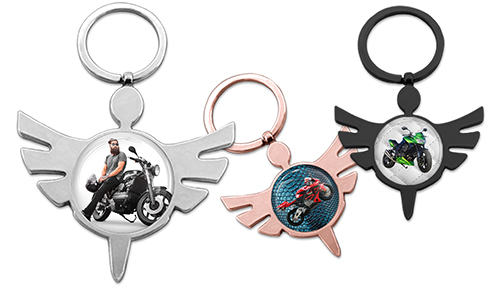 Personalisierter Engel-Schlüsselanhänger mit Foto von Motorrad und seinem Besitzer!