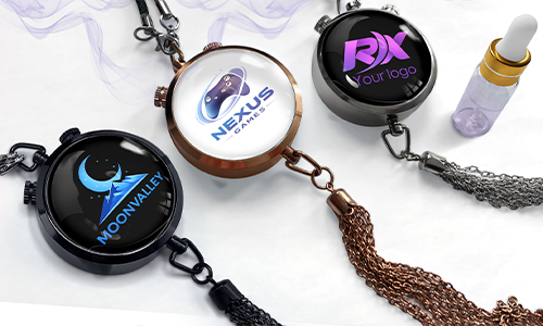 Three round pendants on chains: MOONVALLEY with crescent, NEXUS GAMES with planet, RX Your logo with futuristic design