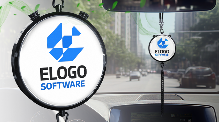 Car interior view with circular ELOGO SOFTWARE pendant hanging from rearview mirror, city street visible outside