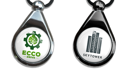 Branded car perfume with custom company logos in metallic teardrop design for promotional use