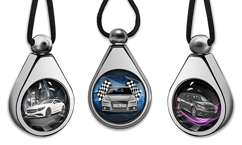 Personalized car perfume pendants showcasing custom car designs in sleek metallic holders