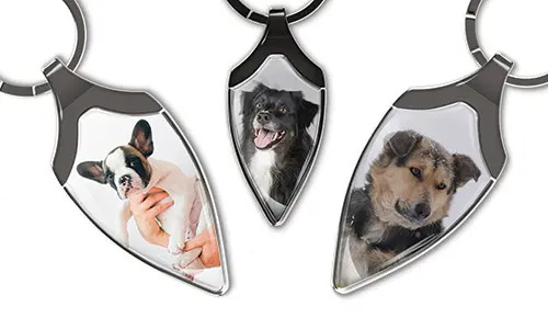Personalisierter Schlüsselanhänger in Schildform mit schönem Foto deines Hundes