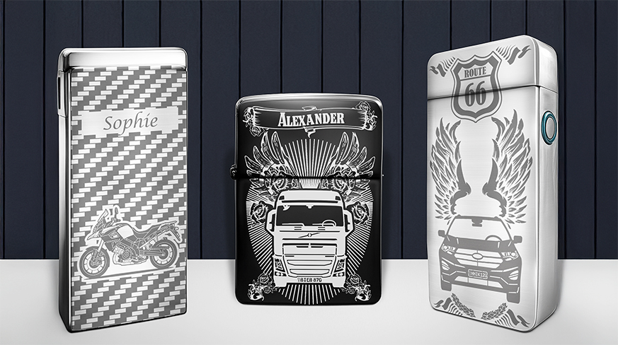 Engraved stainless-steel lighters display personalized motorcycle, truck, and car designs as a premium gift collection.