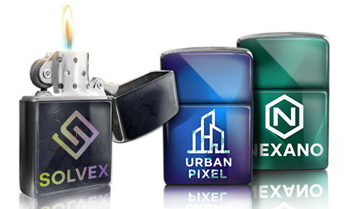 Tres encendedores: SOLVEX con llama y patrón hexagonal, URBAN PIXEL con paisaje urbano, NEXANO con logotipo hexagonal verde