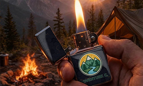 Hand holding lit ADVENTURE Co. lighter with mountain logo; campfire, tent, forest and dusk sky in background
