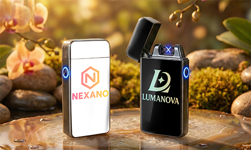 Two electric lighters on reflective surface: NEXANO in white, LUMANOVA with blue arc, floral and stone decor