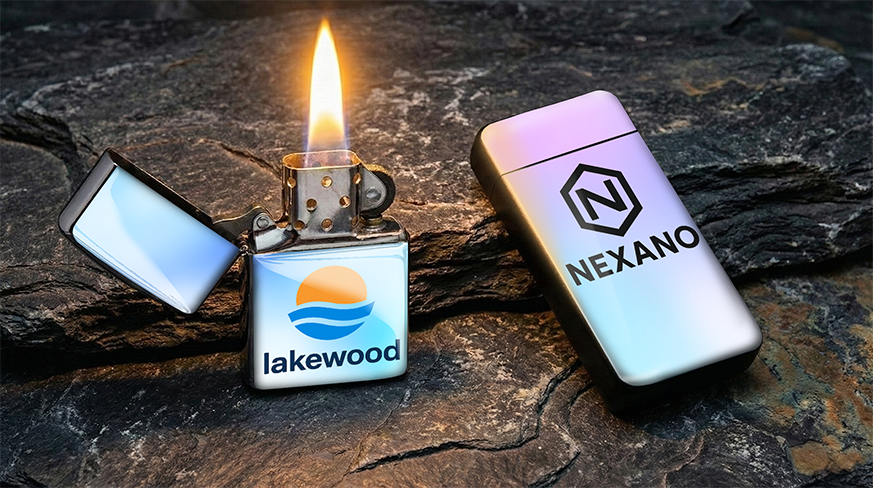 Two lighters on stone surface: lakewood with flame and sun-waves logo, NEXANO with green hex logo