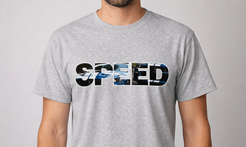 Person wearing gray SPEED t-shirt with bold letters filled with fast vehicle imagery, dynamic motion effect