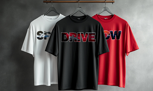 Three t-shirts on rack: white SPEED, black DRIVE, red FLOW, bold abstract text designs on gray background