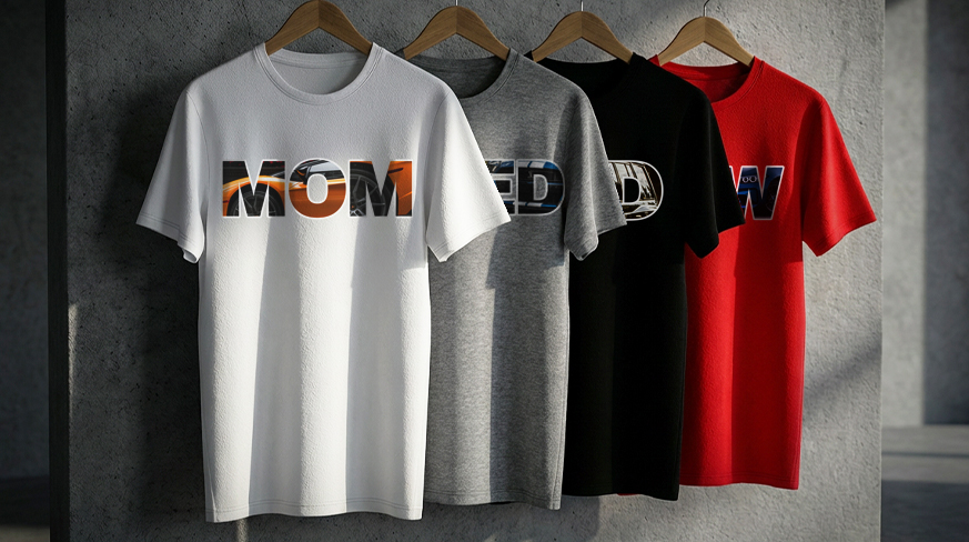 Four t-shirts on hangers: MOM in white, RED in gray, DAD in black, WOW in red, bold graphic text designs