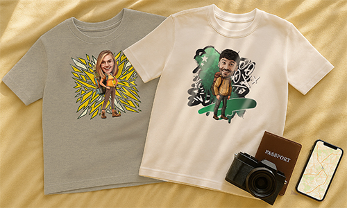 Dos camisetas personalizadas al estilo de dibujos animados, junto con utensilios de viaje, insinuando recuerdos o regalos personalizados para amantes de la aventura