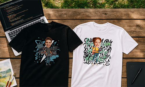 Dos camisetas al estilo de dibujos animados con motivos tecnológicos y de estudio, colocadas entre accesorios creativos y utensilios de viaje