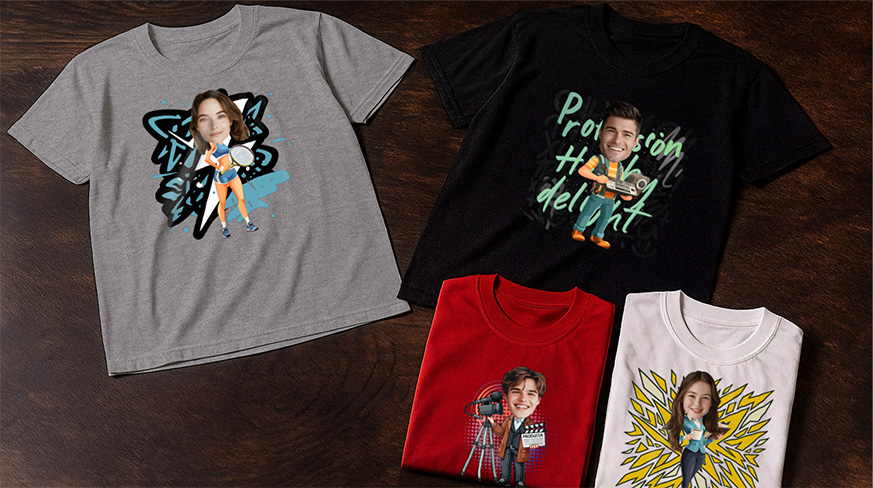 Camisetas personalizadas con diseños únicos, colores vibrantes y personajes estilizados para diferentes hobbies y profesiones