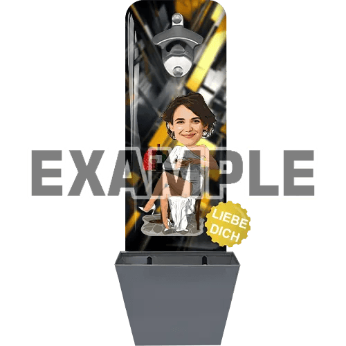 Ouvre-bouteille mural personnalisé avec récupérateur de capsules, style bande dessinée, créé avec le visage du client
