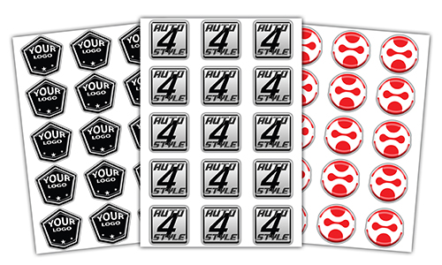  Tres hojas de pegatinas con marca personalizada – diseños de pentágono, cuadrado y círculo para logos.