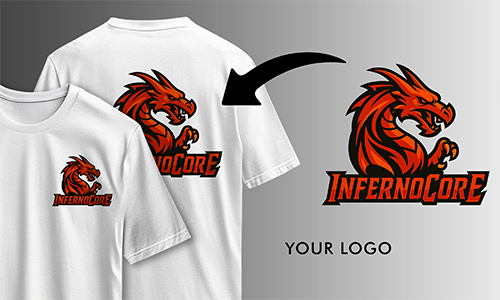 Deux t-shirts blancs personnalisés avec le logo de dragon “INFERNOCORE” féroce vus de devant et de dos avec une flèche d'emplacement.