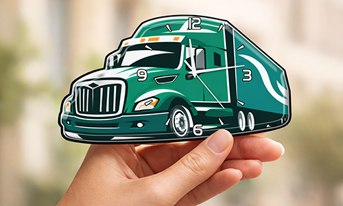 Hand holding green semi-truck shaped clock sticker with numbers and clock hands visible on truck body
