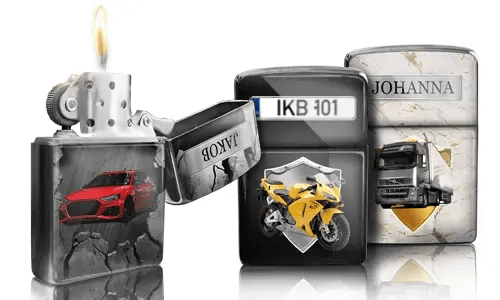 Three metallic lighters with custom designs: a red car, yellow motorcycle with license plate, and a truck with 