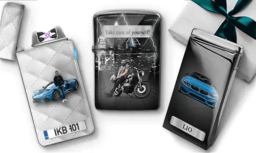 Three personalized cigarette lighters with designs: a man posing with a blue car, a person on a motorcycle, and a blue car with 