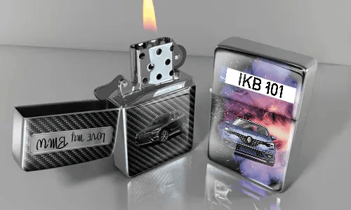 Two metallic lighters with car designs: silver with flame and Cyrillic text, cosmic-themed lighter with colorful background