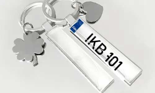 License plate style keychain with flag and charm accessories