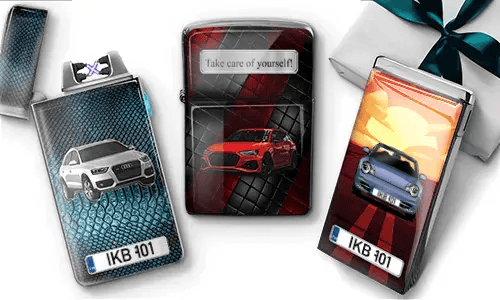 Three car-themed lighters: silver Audi SUV on blue snakeskin background, red sports car with 