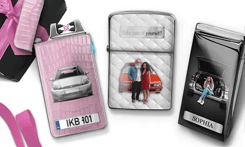 Two decorative electric lighters with car-themed family photos: pink with vintage white car and 