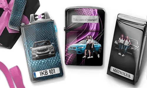Three custom electronic lighters with car-themed photo prints: blue BMW with 