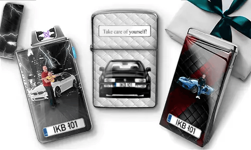 Three personalized lighters featuring different car-related designs. The center lighter reads 