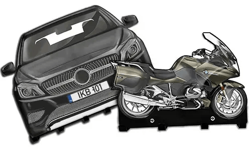 Cardboard cutouts of a black car and metallic motorcycle on stands, used for display or training