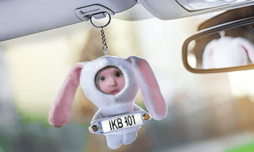 Cuddly toy bunny with photo in the car Cuddly toy bunny with photo in the car