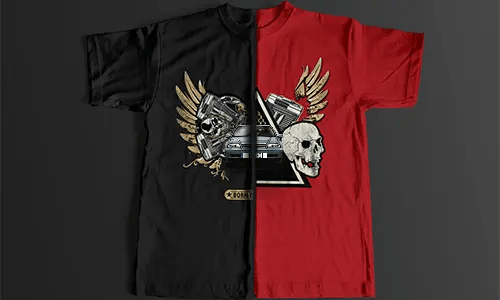 Split graphic with silver car, skulls, pistons, golden wings, and partial BORN T banner on black and red background