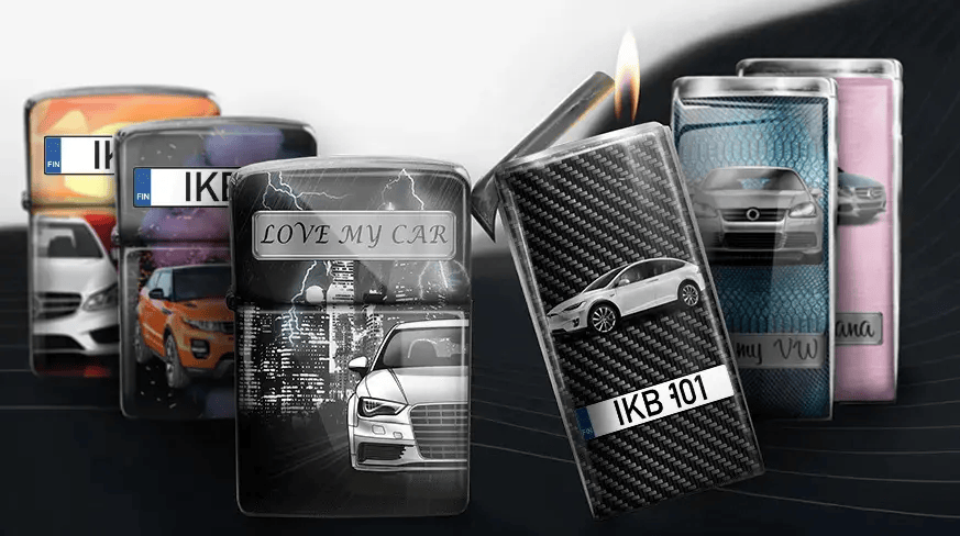 Car-themed lighters with printed designs: white car with flame, lighter with 