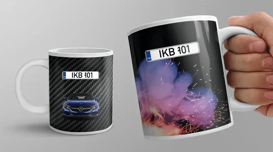 Two white mugs with car-themed designs: blue Mercedes on carbon background, silver BMW with sparks and smoke